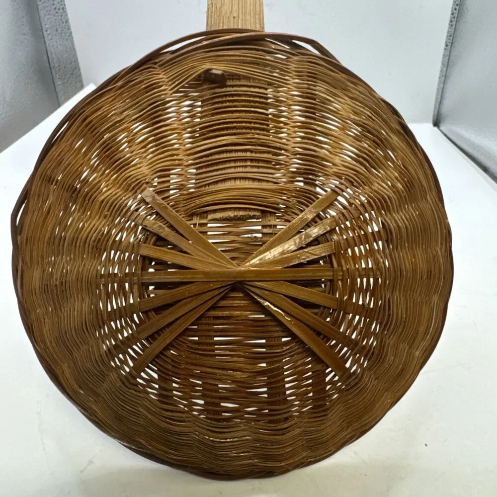 Vintage Wicker Basket w/ Long Handle Church Offering Basket 18.5 In